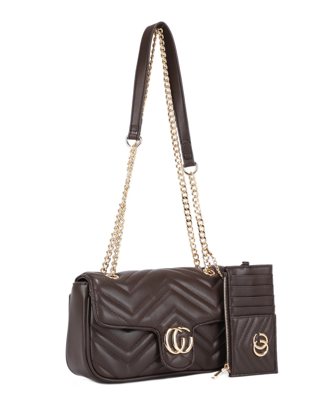 Luxury Quilted Shoulder Bag with Chain Strap - Dark Brown